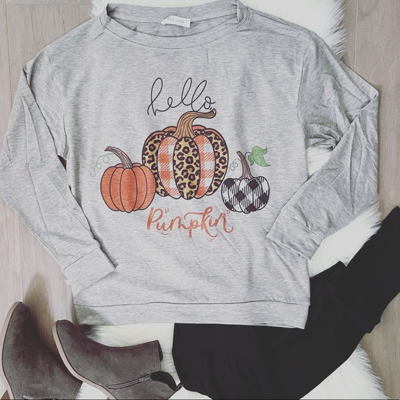 "Hello Pumpkin" Heather Gray Pullover Sweatshirt - Picture 3 of 11
